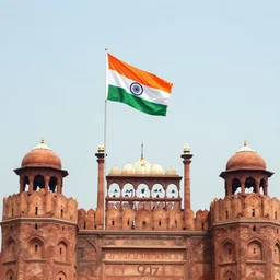 indian freedom fighters hoisting the indian flag on top of red fort, 1 9 4 7. photograph by joe rosenthal, trending on vsco, featured on flickr, shot on large format film camera, cinematic composition, brilliant lighting