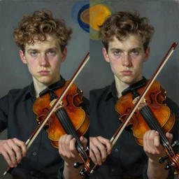 portrait of two young nervous violin players getting ready to perform, half figure front, vincent lefevre and pat steir and hilma af klint, psychological, photorealistic, symmetrical faces, intriguing eyes, rendered in octane, altermodern, masterpiece
