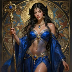 caitlyn mwenifumbo as a sorceress, passionate, seductive, sweaty, intricate dressed in ornate blue robes and staff, lovely, intricate, highly detailed, digital painting, artstation, concept art, karma sutra, smooth, sharp focus, illustration, unreal engine 5, 8 k, art by artgerm and greg rutkowski and alphonse mucha