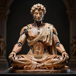 vibrant ultra clear sculpture of beautiful wooden cyborg roman god meditation position by sandra chevrier ron english cybernetics, low contrast, cinematic dramatic lighting, hyper realistic detailed render, hypermaximalist,, epic composition, 4 k 8 k, cryengine octane blender, sharp focus, concept art, masterpiece of art