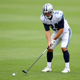 the football player tom brady playing golf, the golf ball is instead a football