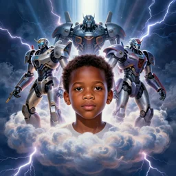 upper half portrait of an african boy inside a group of clouds, mecha robots behind him - surrounded by bolts of lightning with rays of light emanating from clouds - in drew struzan movie poster style, art by drew struzan & hsiao - ron cheng, highly detailed, digital painting, ray tracing, illustration, smooth, sharp focus, intricate, symmetry, artstation,
