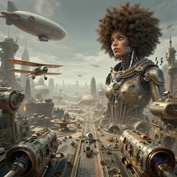 cinematic still of hyper detailed greeble hard surface modelled 3 d, afro futurist, spaceport, biplanes flying, airships, surrealist vechicles, deep perspective, wide angle, insanely detailed and intricate, a cyborg looks over it all, by sir james guthrie and bill sienkiewicz