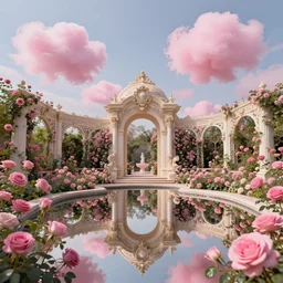 rose garden, pink cotton candy clouds floating in the sky,, by caspar david friedrich, dslr, ray tracing reflections, insanely detailed and intricate, hypermaximalist, elegant, ornate, hyper realistic, super detailed