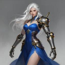 a highly detailed illustration of beautiful white haired woman with steampunk prosthetic mechanical arm, wearing blue dress, dramatic power pose, art by artgerm and greg rutowski, intricate, elegant, highly detailed, centered, digital painting, artstation, concept art, smooth, sharp focus, league of legends concept art, wlop.