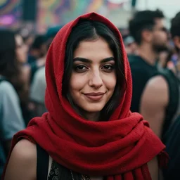 a ultra high resolution close - up of a beautiful young persian woman standing in crowd of psytrance music festival, looking down at the camera, face is partially obscured by a red scarf, and she has a smiling expression. the light is dim, and the colours are muted, kodak etkar 1 0 0,