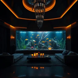 a very dark dreamy luxury modern maximalist living room, aquarium with beautiful tropical fish, candlelight, sunset glow, dark shadows, octane render, volumetric lighting, raytracing, symmetrical wide shot low angle