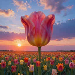 giant tulip head dutch girl, surreal photography, flower field, sunset dramatic light, impressionist painting, colorful clouds, blue sky, digital painting, artstation, simon stalenhag