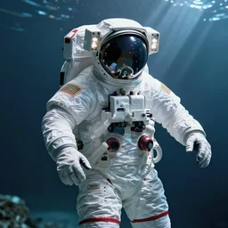 astronaut in the empty underwater void - complex and hyperdetailed technical suit. reflection and dispersion materials. rays and dispersion of light. volumetric light. f / 3 2. noise film photo. flash photography. ultra realistic, wide angle. anaglyph materials, poster by wayne barlowe, mike winkelmann, craig mullins. holographic poster