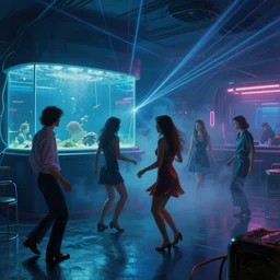 people dancing in a cyberpunk nightclub with a large aquarium. smoky room with lasers and neon lights. Painting by Syd Mead. 70's Sci-Fi. highly detailed digital art, trending on artstation. Beautiful glowing blue light.