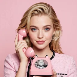 head to waist  photograph of an extremely beautiful!!!! blond young female , symmetric face!, symmetric round detailed eyes!!, slight smile, studio light, wearing pink chanel outfit !! hodling a pink vintage rotary phone l! plain pink studio background ff94b5. looking at the camera!!. . super resolution. Extremely detailed. fashion editorial