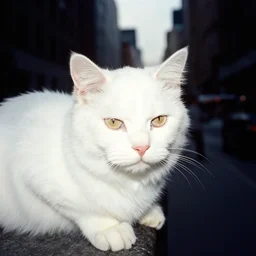 leica s photograph, flashpoint flash, bruce gilden, kodachrome film, subject is a white furry cat in nyc