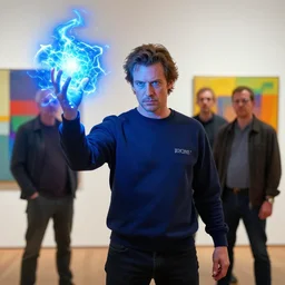 powerful blue mage Jeremy Irons wearing navy blue sweatshirt brandishes a blue electricity orb norman ackroyd jim lambie greg rutkowski rothko tombow