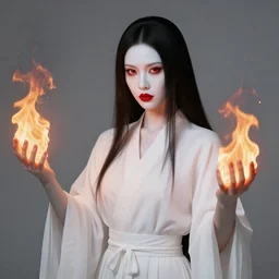 fire priestess, black straight hair, white skin, red eyes, red lipstick, saggy robes, fireballs, cinematic lighting, studio quality, smooth render, unreal engine 5 rendered, octane rendered, by klimt, nixeu, ian sprigger, wlop, krenz cushart