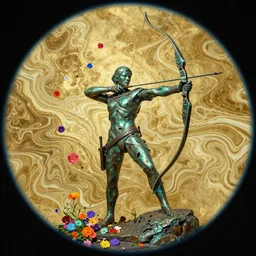 An epic fantastic realism comic book style painting of a distressed bronze archery sculpture from the future by Stanislaw Szukalski, beautiful colorful flowers rain down, gilded marbled paper overlay, fisheye lens, unreal 5, DAZ, hyperrealistic, octane render, dynamic lighting