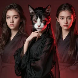 young girl with cat face, elegant pose, in a black chiffon layered robe fantasy detailed trending on artstation, dramatic lighting, eterea, high quality print, fine art with subtle redshift rendering, portrait by wenjun lin, ross tran and ilya kuvshinov, realistic, detailed