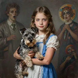 a young girl holding a cairn terrier dog, wearing a blue and white dress, horror, highly detailed, character portrait, digital painting, artstation, concept art, matte, sharp focus, illustration, art by artgerm and greg rutkowski and michael whelan and gustave dore and alphonse mucha