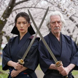vfx movie scene closeup japanese warrior couple, stand off, holding swords, in cherry blossom forest, natural lighting by emmanuel lubezki