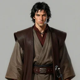 portrait of a man by greg rutkowski, he resembles ben solo and anakin skywalker, tall and muscular, messy black hair, he is about 2 0 years old, attractive, wearing jedi robes, star wars expanded universe, highly detailed portrait, digital painting, artstation, concept art, smooth, sharp foccus ilustration, artstation hq