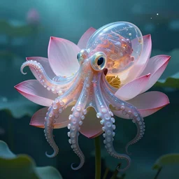 lotus swimming underwater like a octopus, transperent octopus head covers the flower, leaves as tentacles, photographic, cinematic, photorealistic, volumetric lighting, detailed, smooth, artstation, octane render, wolp