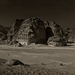 a realistic sepia - toned photorealistic painting of wadi rum at night, dark, brooding, atmospheric, lovecraft