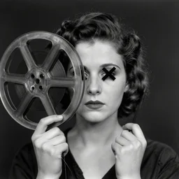 a haunting image of a young starlet with x's over her eyes from a lost silent film, occult symbolism, black and white, film reel, a film from the 1 9 1 0 s