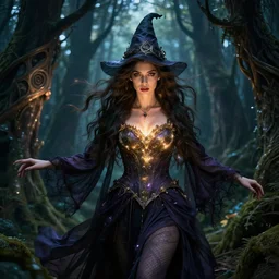portrait of forest witch, beautiful, attractive, glowing, jaw dropping, magical, dynamic lighting, dark, 4 k, octane render, age 2 0, background enchanted woods, intricate and ornate, highly detailed, sharp focus