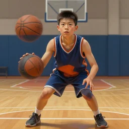 portrait of a boy at a basketball court playing basketball wearing a basketball uniform in a basketball court, poised, intense emotion, detailed facial expression, detailed surroundings, perfect basketball, intricate, elegant, highly detailed, centered, digital painting, artstation, concept art, smooth, sharp focus, illustration, by Peter Mohrbacher, WLOP