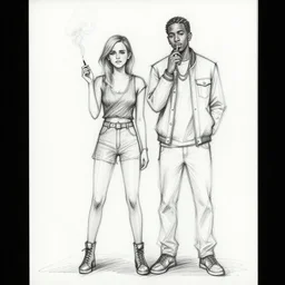 doodle sketch, full body, emma watson and wiz khalifa, smoking, messy, scribbled, rough draft