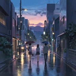 beautiful anime scenery, city street at dusk, rainy day. by makoto shinkai