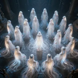 love, groups of translucent people with long glowing hair, from above, rebirth, wide angle, cinematic atmosphere, elaborate, highly detailed, dramatic lighting