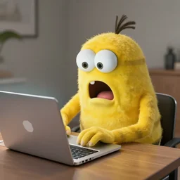 a yellow striped monster in panic while working on a laptop