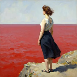 an attractive female standing on a cliff, looking out at a red ocean, jc leyendecker!! phil hale!, angular, brush strokes, painterly, vintage, crisp