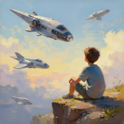 a young boy sitting near a cliff in the afternoon watching futuristic spaceships in the sky, digital art, oil on canvas, illustration, trending on Artstation