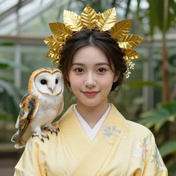 portrait photograph of an extremely beautiful!!!! young female , symmetric face!, symmetric round detailed eyes!!, slight smile, natural light, wearing a yellow kimono!! with a very detailed barn owl! on her shoulder in a tropical greenhouse. looking at the camera!!. golden crown made of golden leaves. super resolution. Extremely detailed. Graflex camera!, bokeh!!!!! trending on artstation.
