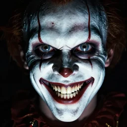 a horrifying serial killer staring at me, centimeters away from my face, with massive, terrifying eyes and a crazed smile. jeff the killer. infamous dark photograph