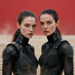 cinestill 5 0 d candid photographic portrait by steve mccurry of loving female androids wearing rugged black mesh techwear on a desolate plain with a red sky, extreme closeup, modern cyberpunk, dust storm, 8 k, hd, high resolution, 3 5 mm, f / 3 2, ultra realistic faces, ex machina