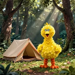 big bird from Sesame Street camping in the woods, 1960s color photograph