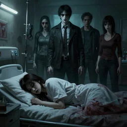 beautifully ominous creepy sleep paralysis beside sleeping woman in hospital room. designed by silent hill 3, resident evil, david cronenberg, yasushi nirasawa, hiroya oku, junji ito,