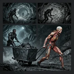 sadie sink pulls a trolley in a coal mine. storyboard, scifi cyberpunk. by gabriel hardman, joe alves, chris bonura. cinematic atmosphere, detailed and intricate, perfect anatomy