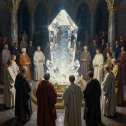 worshippers in robes gather around the big glowing crystal, big glowing crystal radiating white light, interior, high detailed beksinski painting, part by adrian ghenie and gerhard richter. art by takato yamamoto. masterpiece, deep colours