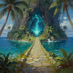 a magical tropical fantasy treasure island in the heart of the ocean, with a stone path leading towards an evil glowing cave, artstation, oil painting, painted ruan jia raymond swanland lawrence alma tadema zdzislaw beksinski norman rockwell tom lovell alex malveda greg staples