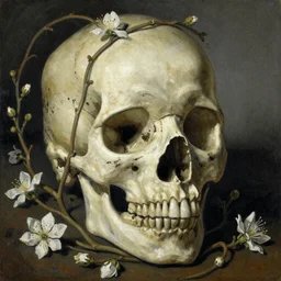 Skull from which blooms many vines and blossoms, dramatic light, painted in the style of the old masters, painterly, thick heavy impasto, expressive impressionist style, painted with a palette knife