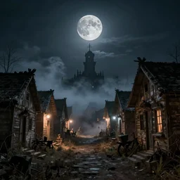 a Voodoo ghost town, creepy lighting, little fog, moonlight, 8k