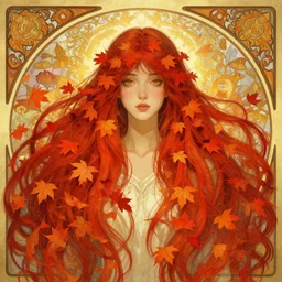 girl with super long hair, hair becoming autumn red leaves, digital painting, symmetric, art by artgerm and greg rutkowski and alphonse mucha