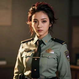 full size persona, female sheriff, global lighting, detail, ultra sharpness, beautiful female, detailed face, art by huyy nguyen, demon slayer rui fanart