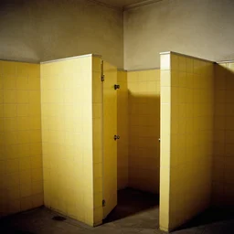60s movie still of a sovietic stalinist style empty prison shower with yellow tiles, cinestill 800t 50mm eastmancolor, liminal Space style, heavy grain