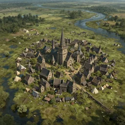 birds eye view of a downtrodden medieval town by a river in a swamp surrounded by a tent shanty town, 4k, by Greg Rutkowski, fantasy, mix of celtic and Rus architecture, cinematic