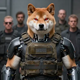 wearing tactical armor, gigachad muscular anthropomorphic shiba inu, shiba inu face, cyborg, neon red eyes, masterpiece, by donato giancola and greg rutkowski and wayne barlow and zdzisław beksinski, realistic face