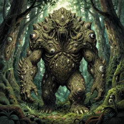 concept art of forest golem, intricate details, many eyes on body, masanori warugai and kentaro miura